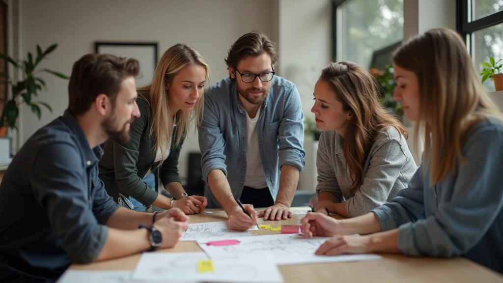 Diverse groep professionals in creatieve brainstormsessie, iedereen brengt ideeÃ«n in
