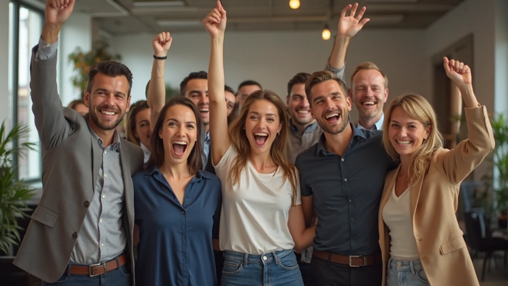 Diverse groep professionals viert geslaagde projectafronding met team-moment