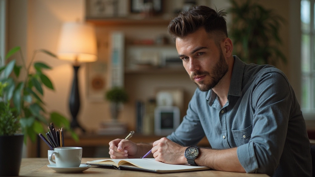 Persoon die actief aan een reflectief dagboek werkt met inspiratiematerialen