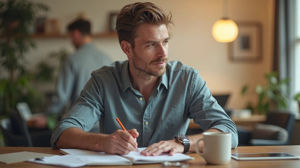 Man schrijft in notitieboek bij bureau met koffiemok, concentratie en reflectie