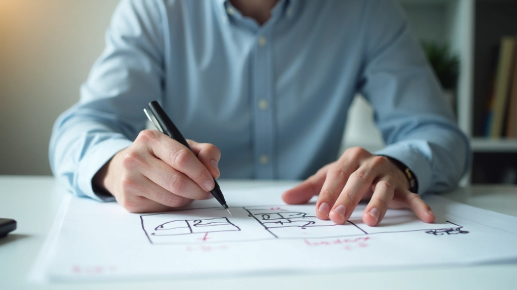 Close-up van een professioneel werkende persoon die een SWOT-analyse diagram tekent op papier met kleurcodes