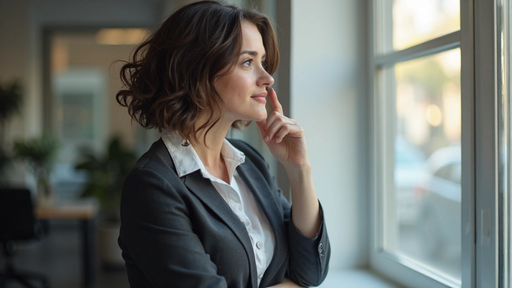 Vrouw in reflectie kijkt uit raam in modern kantoor, natuurlijk licht