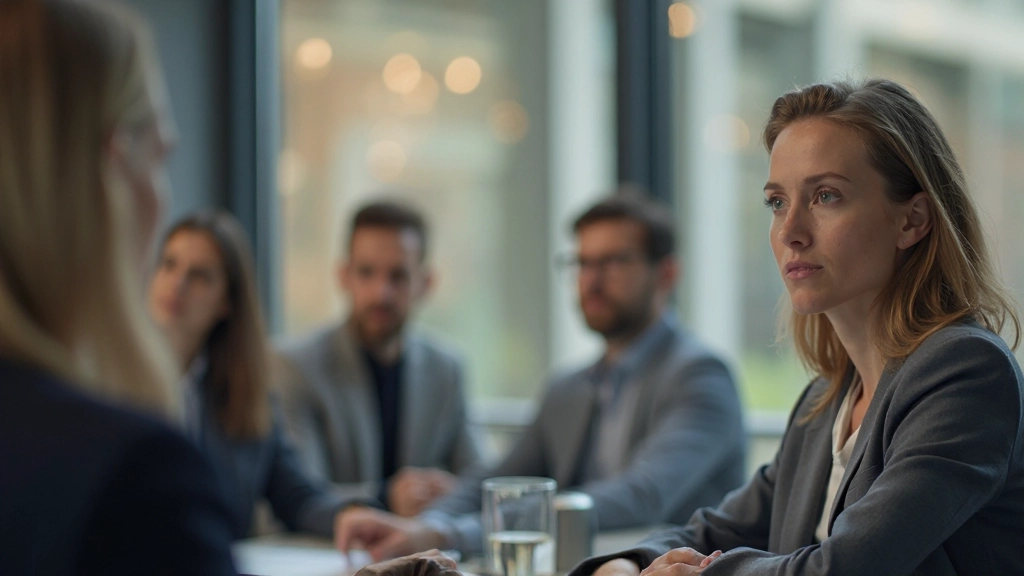 Close-up van team leden die gericht luisteren naar elkaar in vergadering, professioneel kantoor setting